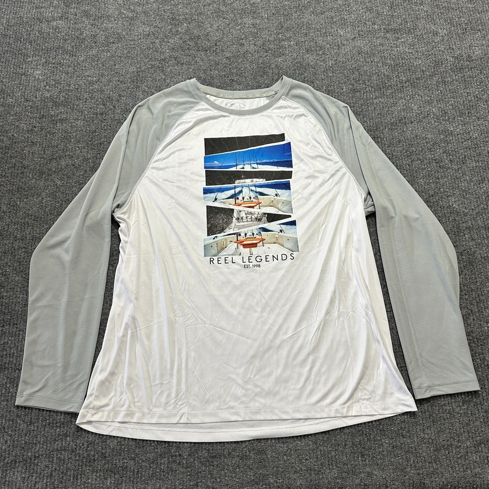 Reel Legends Reel-Tec Mens Shirt XXL White Gray Raglan Long Sleeve Performance